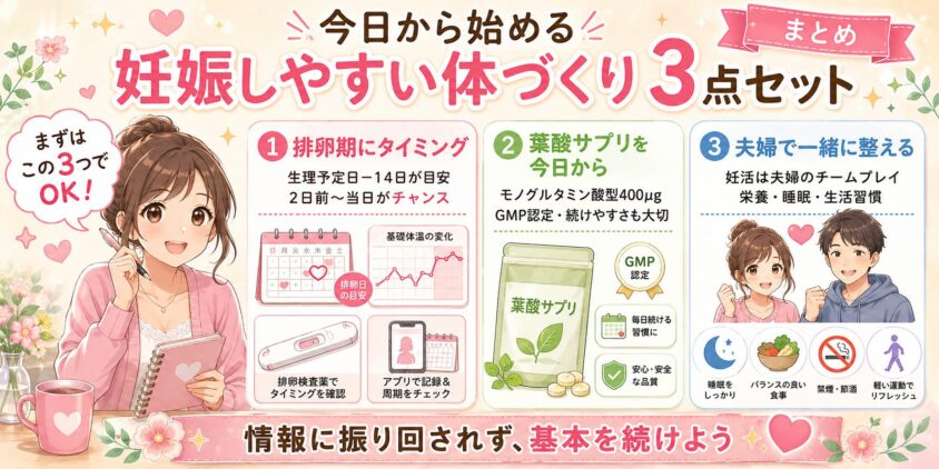 まとめ：今日から始める「妊娠しやすい体づくり」3点セット