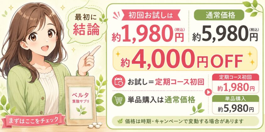 ベルタ葉酸サプリの初回お試し金額は結局いくら?最初に結論を出す