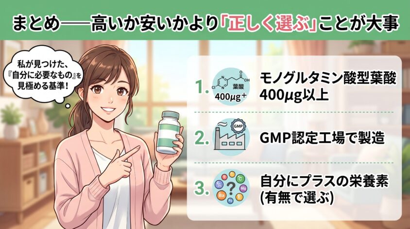 まとめ──葉酸サプリは高いか安いかより「正しく選ぶ」ことが大事