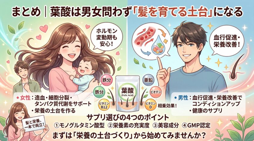 まとめ|葉酸は男女問わず「髪の毛を育てる土台」になる