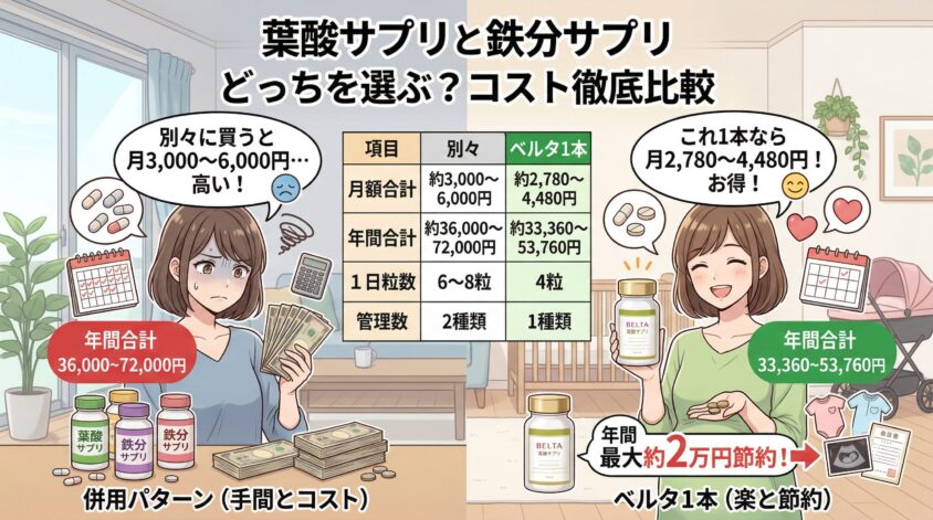 葉酸サプリと鉄分サプリを別々に買うといくらかかる?コスト比較