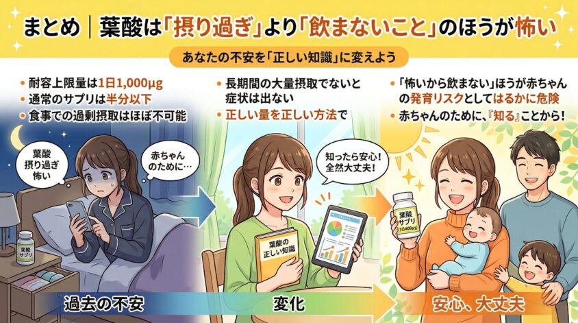 まとめ｜葉酸は「摂り過ぎ」より「飲まないこと」のほうが怖い