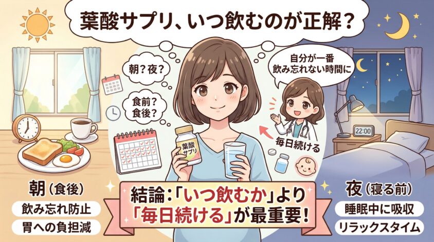 葉酸サプリは1日のうちどのタイミングで飲むのがベスト？朝・夜・食前・食後を徹底解説