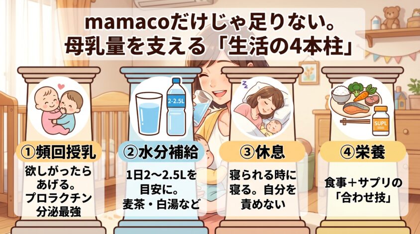mamaco（ママコ）だけじゃ足りない。母乳量を支える「生活の4本柱」