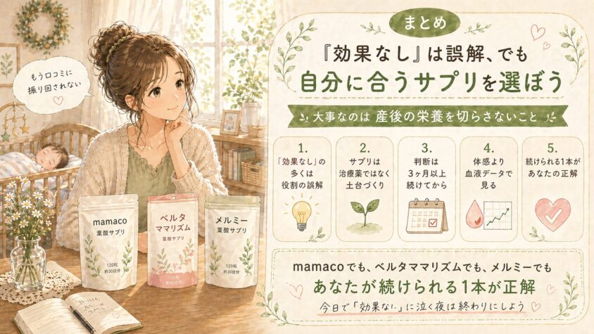 まとめ──mamacoサプリ「効果なし」は誤解、でも自分に合うサプリを選ぼう