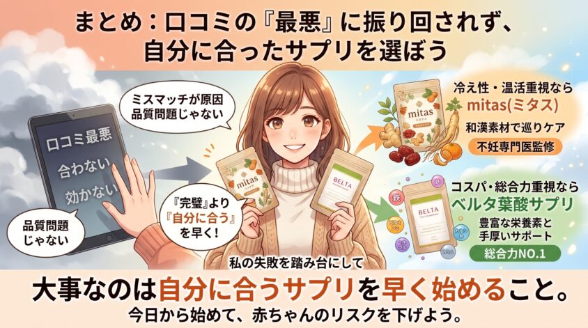 まとめ：妊活サプリmitas葉酸の口コミの「最悪」に振り回されず、自分に合ったサプリを選ぼう
