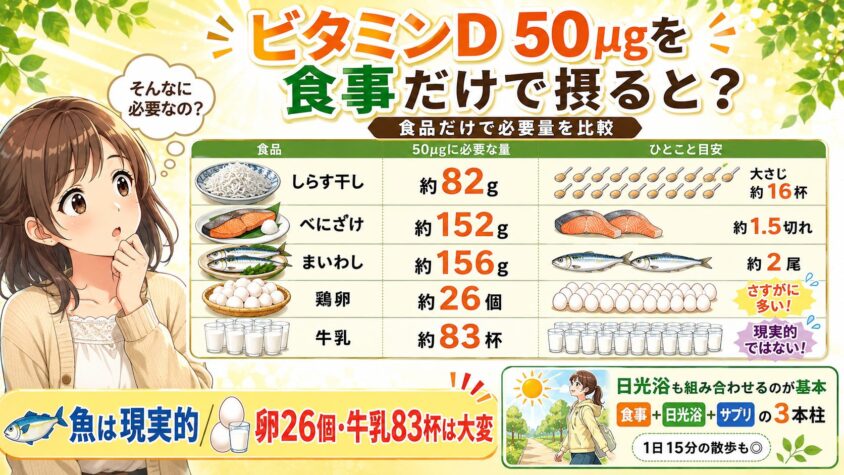 ビタミンD 50&mu;gを食事だけで摂るとどうなる？