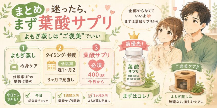 まとめ：迷ったら、まず葉酸サプリ。よもぎ蒸しは"ご褒美"でいい