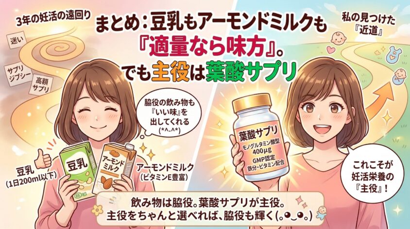 豆乳もアーモンドミルクも「適量なら味方」。でも主役は葉酸サプリ