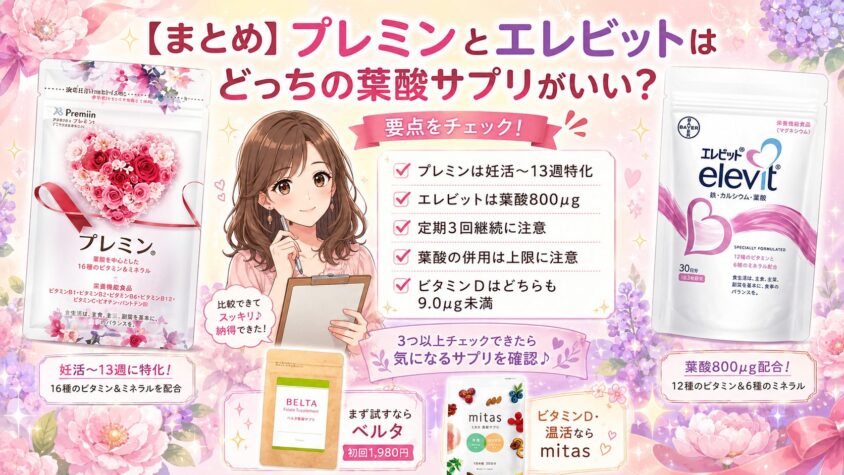 【まとめ】プレミンとエレビットはどっちの葉酸サプリがいい？