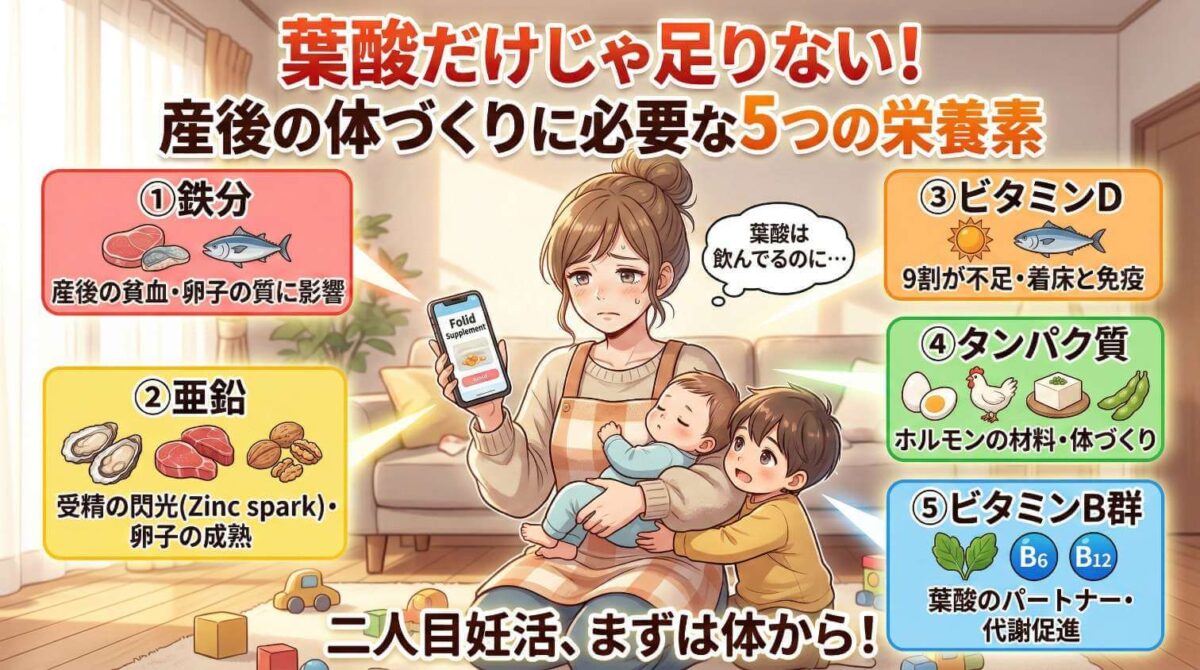 【二人目不妊】葉酸だけじゃ足りない！産後の体づくりに必要な5つの栄養素